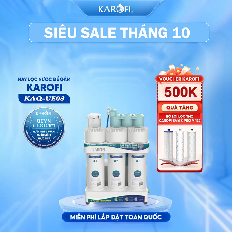 [ĐỘC QUYỀN ONLINE - TẶNG BỘ LÕI] Máy lọc nước RO để gầm Karofi KAQ-UE03 - hệ 10 lõi, Màng RO 50 GPD, Bảo hành 36 Tháng - Hàng chính hãng