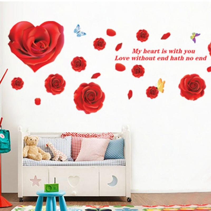 DECAL DÁN TƯỜNG TRÁI TIM HOA HỒNG ĐỎ VÀ CẶP ĐÔI - HP1041