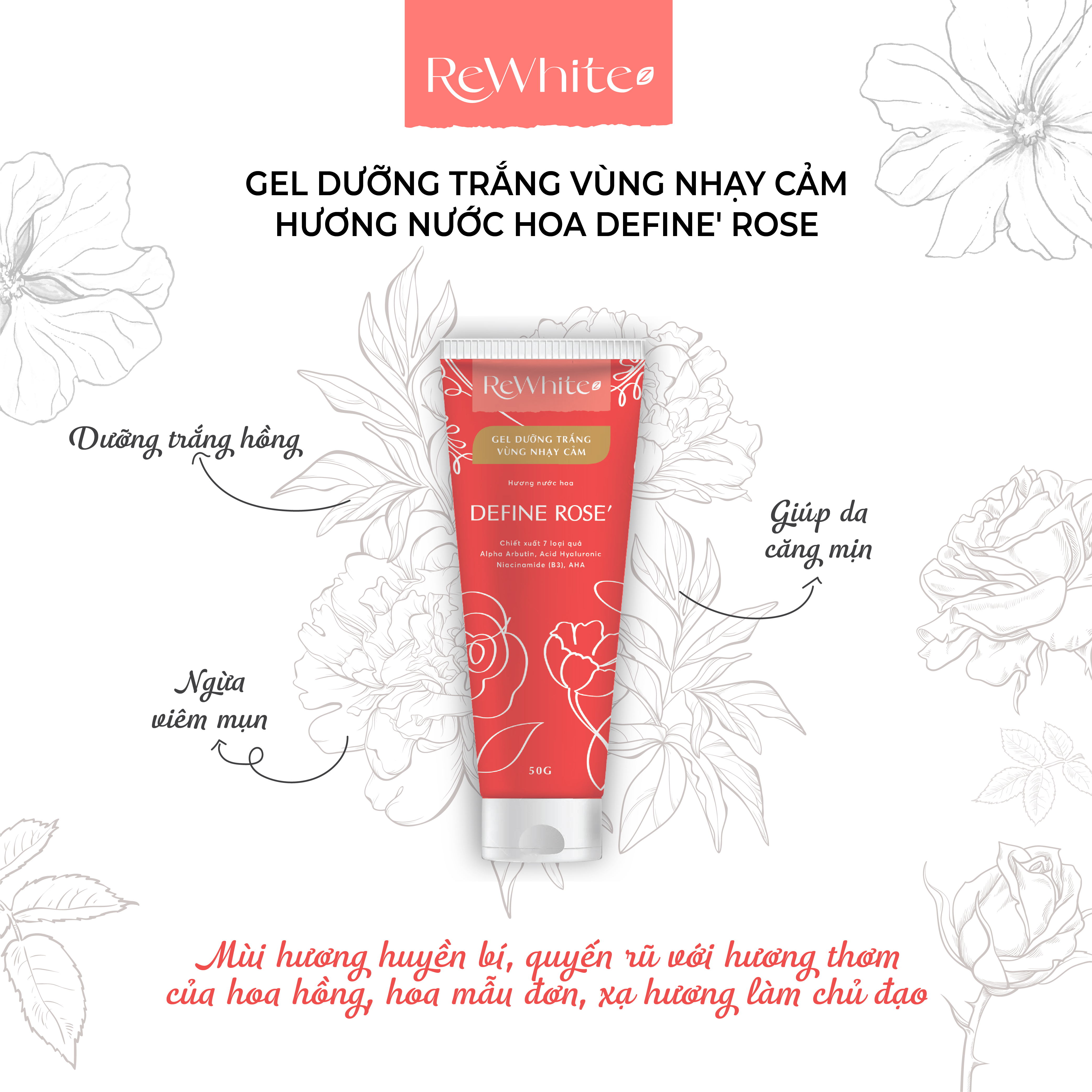 Combo Gel Tẩy Tế Bào Chết Và Dưỡng Trắng Vùng Nách, Mông, Bikini Rewhitez Hương Nước Hoa Quyến Rũ Define Rose 50g