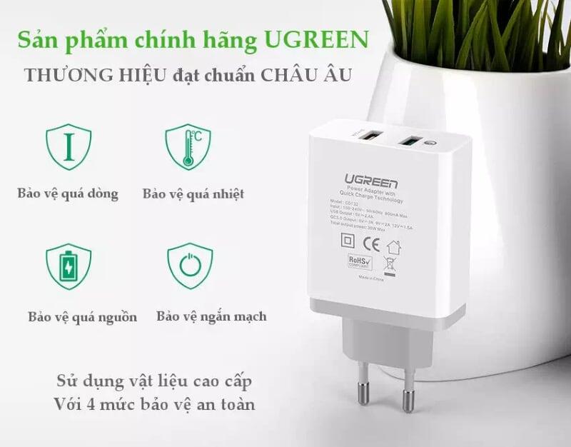 Ugreen UG30563CD132TK 30W màu Trắng Củ sạc nhanh 2 cổng USB chuẩn QC 3.0 + 2.4A - HÀNG CHÍNH HÃNG