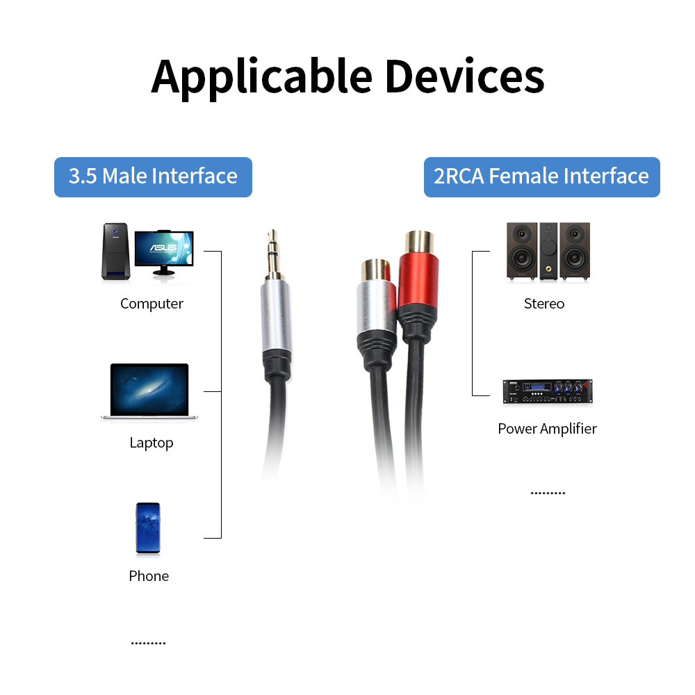 Cáp Âm Thanh 3.5mm Male Sang Kép Rca Female Âm Thanh Nổi Dây Cho Bộ Trộn Khuếch Đại SV 0,3m, Màu Đen