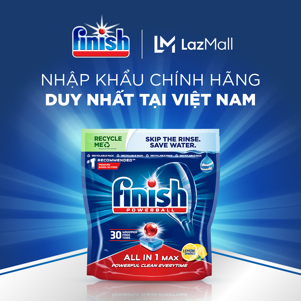 Viên Rửa Chén Bát Hương Chanh Finish Powerball All In 1 Max Lemon Sparkle 30 viên