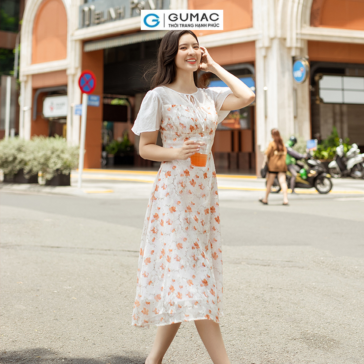 Đầm hoa phối vải tơ sang trọng nữ tính thanh lịch thời trang GUMAC DD06062