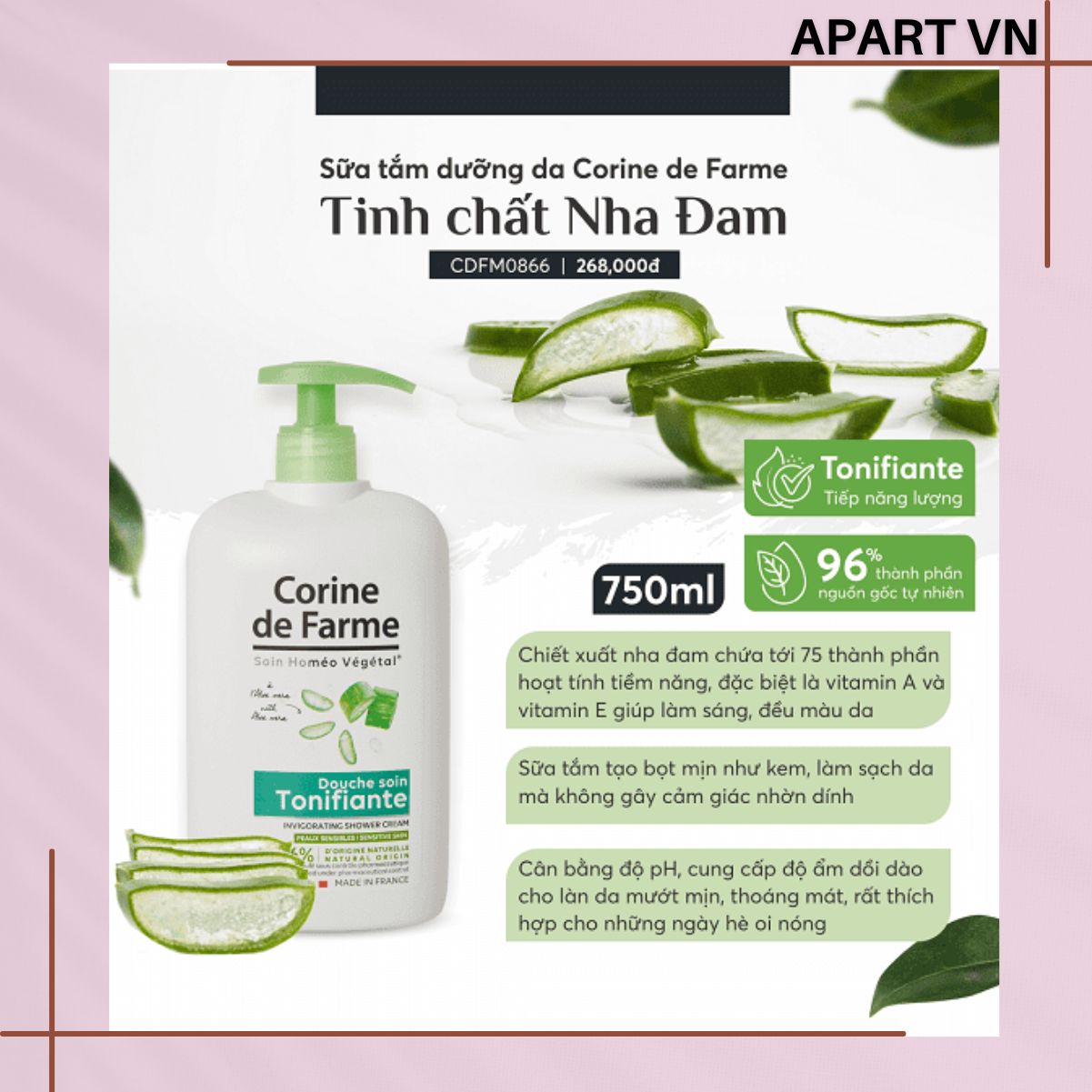 Sữa tắm dưỡng da Corine de Farme tinh chất Nha đam 750ML