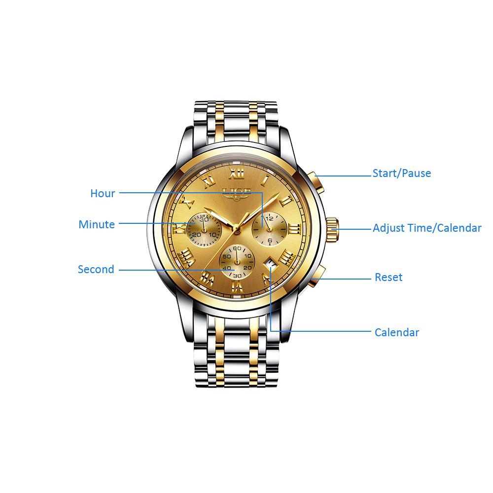 Đồng hồ Quartz LIGE 9810 Nam Hiển thị Hẹn giờ 3ATM Chống thấm nước