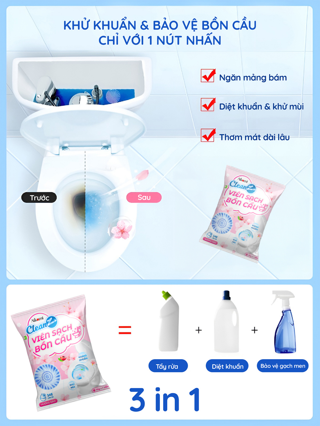 Viên thả bồn cầu CleanZ thế hệ mới sạch khuẩn thơm mát tẩy sạch mảng bám khử mùi diệt vi khuẩn toilet