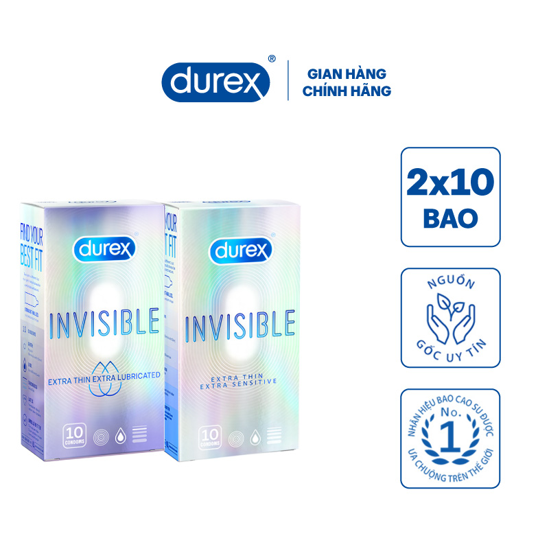 Combo Bao cao su Durex Invisible Extra Thin Extra Lubricated 10 Bao và Extra Sensitive 10 Bao