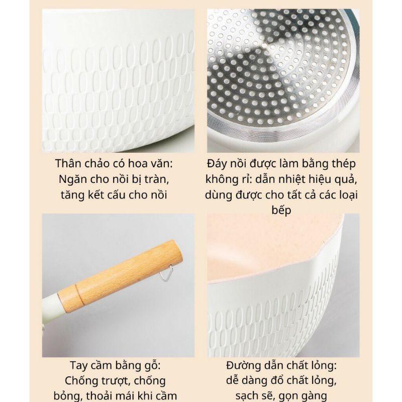 Chảo đá đáy từ chống dính sâu lòng đa năng tay cầm gỗ dài Pastel - Chảo chống dính lúa mạch bếp từ 18cm xinh xắn