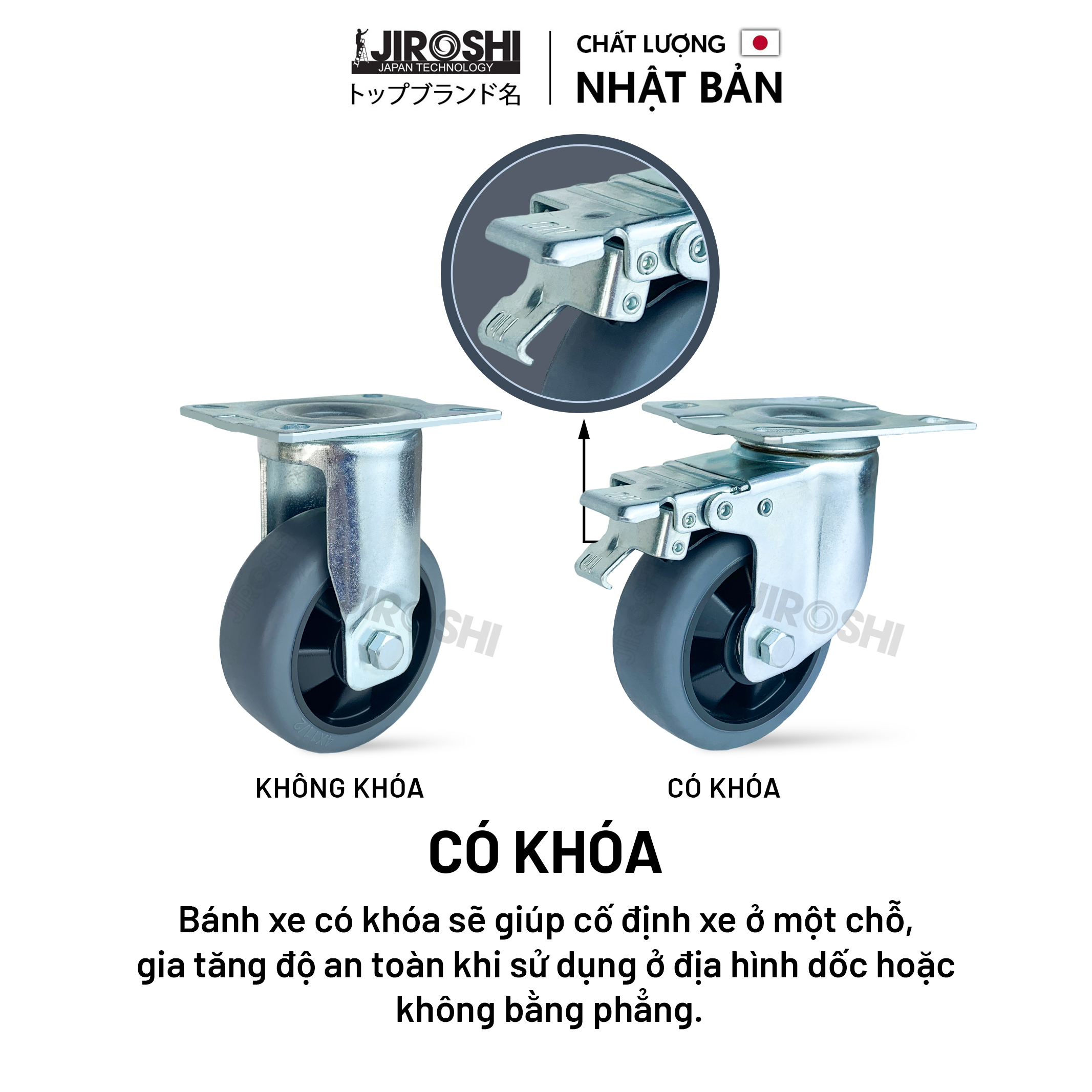 Bánh xe đẩy hàng cao su có bạc đạn và khóa JIROSHI Nhật Bản , Bánh xe TPR chịu tải lớn , chống ồn công nghệ nhật bản