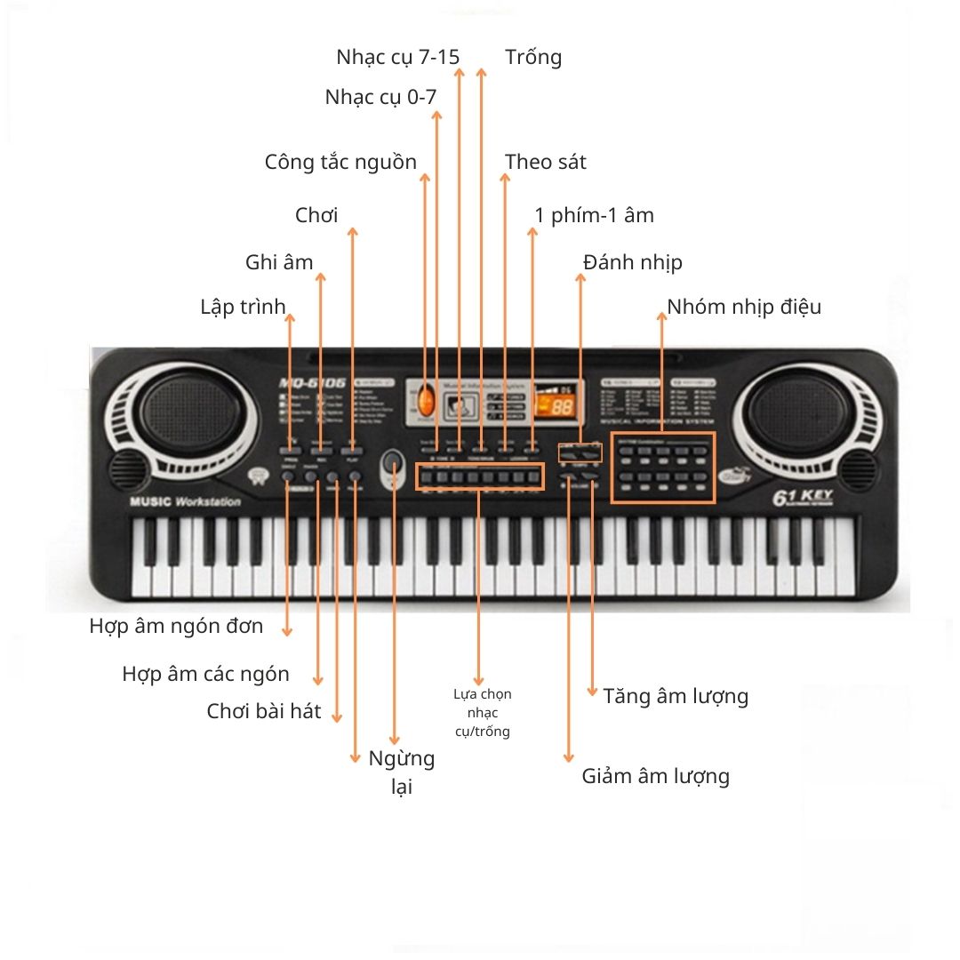 Đồ chơi âm nhạc đàn Organ 61 phím điện tử cho bé tặng kèm mic và dây USB