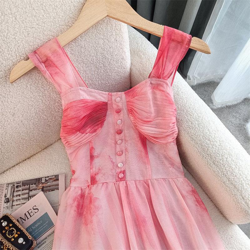 SHUANGYAN Dì hươu Chú Zhuo Bột Halo nhuộm Pháp Vintage xa xỉ Sense Dress Fairy 2023 Mùa xuân và mùa hè