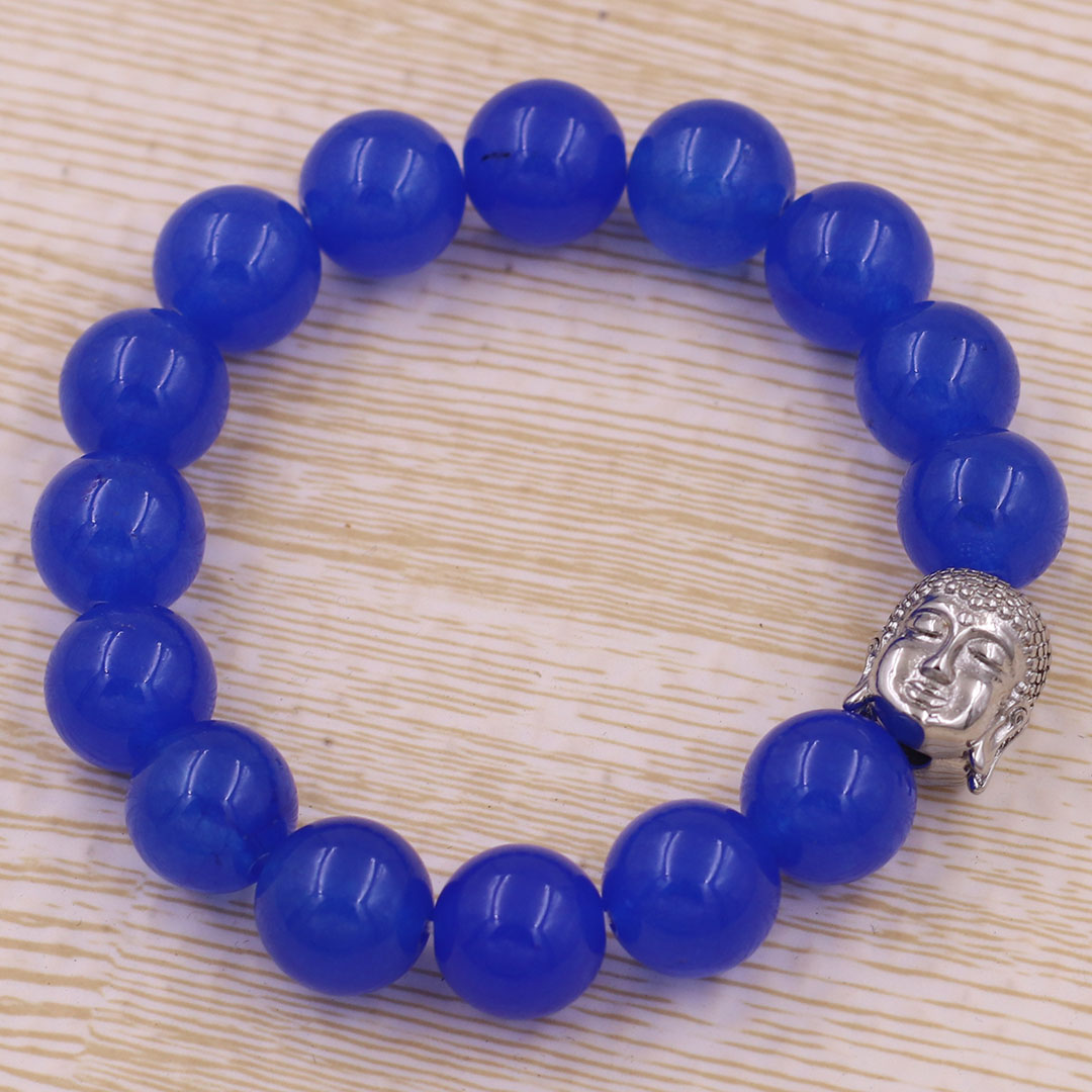 Vòng chuỗi đeo tay thạch anh xanh dương 12 ly charm đầu Phật Như lai inox, Như lai Phật tổ, vòng chuỗi phong thủy, A DI ĐÀ