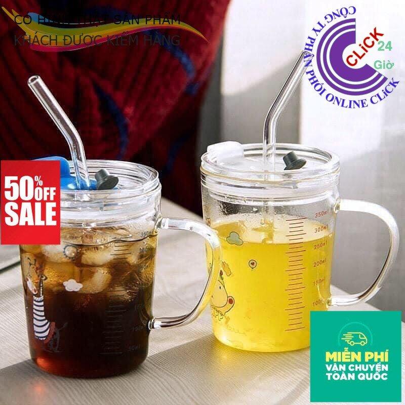 Combo 2 Ly Thủy Tinh Chịu Nhiệt Nóng Lạnh Có Nắp Kèm Ống Hút Dẻo 400ml, Có Vạch Chia Mức Tiện Dụng - Hàng Cao Cấp