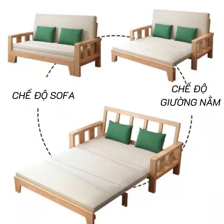 Giường Gấp Gọn Thành Sofa, Giường Kéo 3 Cấp Độ Chất Liệu Gỗ Sồi Tự Nhiên 1,2m x1.92m Khung Gỗ Chắc Chắn BH 12 tháng Tặng Đệm + Gối