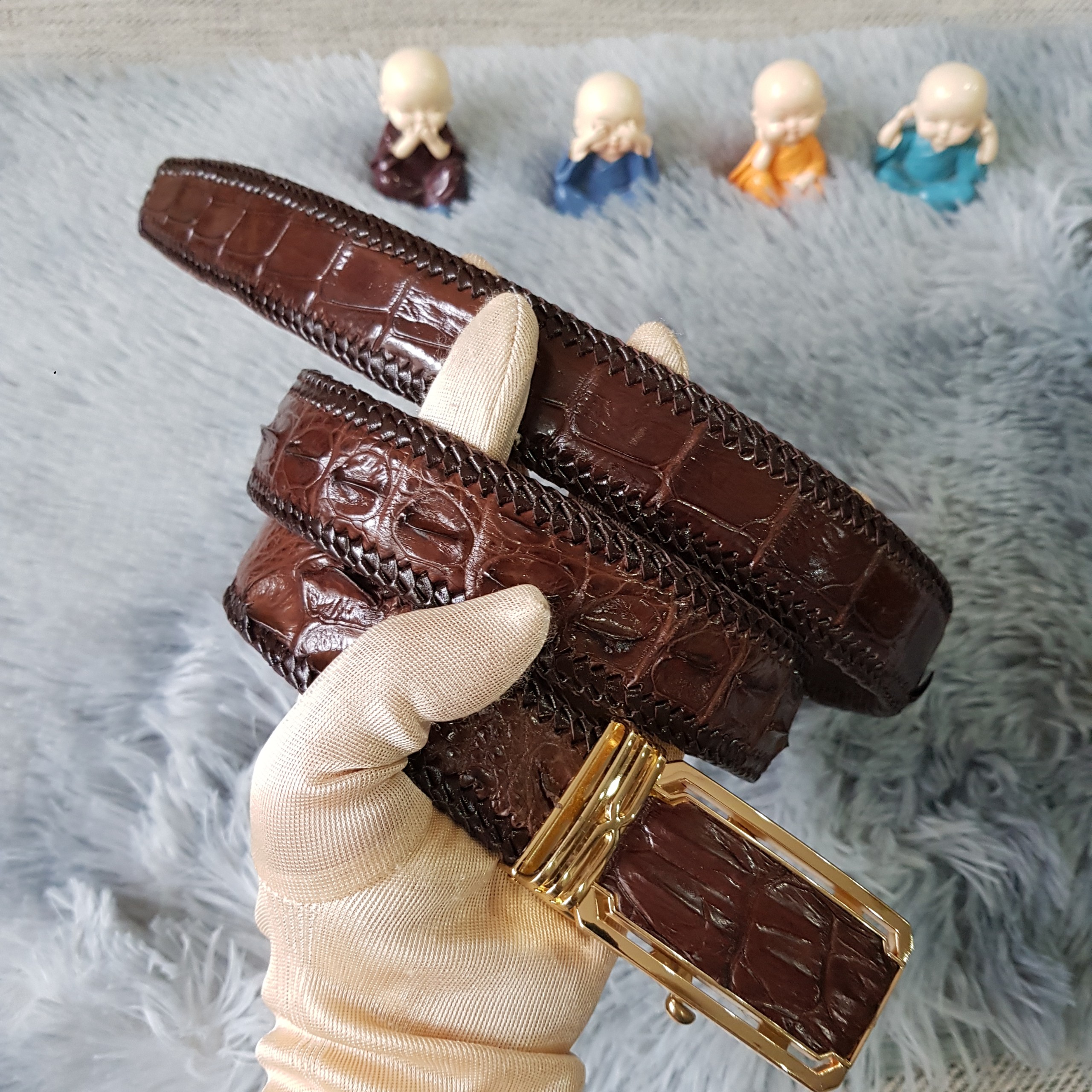 Dây Lưng Da Cá Sấu Đan Viền 3.5 Cm I Dây Lưng Da Cá Sấu Gù Lưng, Liền Nguyên Con Không Nối, Màu Nâu