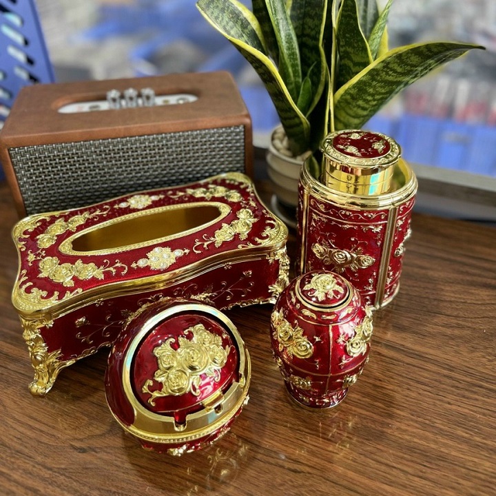 Bộ 4 món Hộp đựng giấy, Hộp đựng chè, Lọ tăm, Gạt tàn hợp kim hoạ tiết tân cổ điển