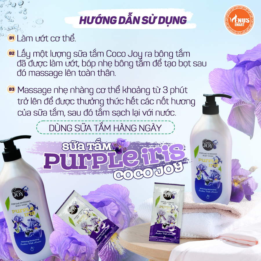 Sữa tắm trắng da hương nước hoa Cocojoy chiết xuất hoa Purple Iris và protein ngọc trai, dưỡng trắng, cấp ẩm, thơm lâu 6g, 500g, 900g