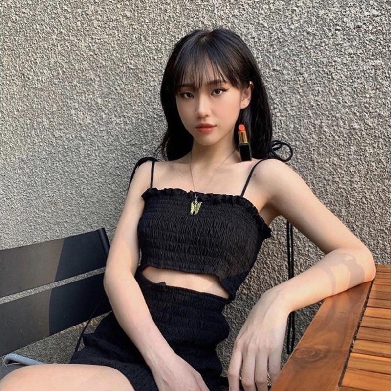 Đầm hai dây thắt nơ bèo nhún cut hở eo summer 2021