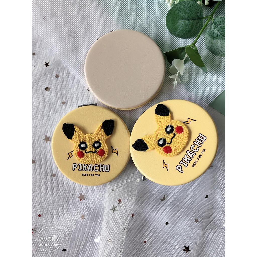 Gương trang điểm bỏ túi mini đính hình thú thêu khủng long, ếch, vịt, pikachu