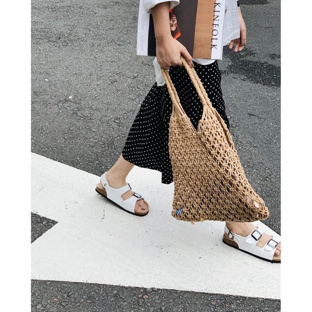 Giày Sandal nữ HuuCuong 2 khóa trắng đế trấu handmade