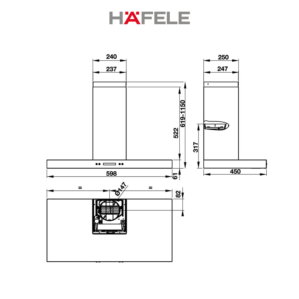 Máy Hút Mùi Gắn Tường Hafele HH-WI60B HH-WI60B (60cm) - 539.81.173 Xuất Xứ Châu Âu Kèm Than Hoạt Tính (Hàng chính hãng)