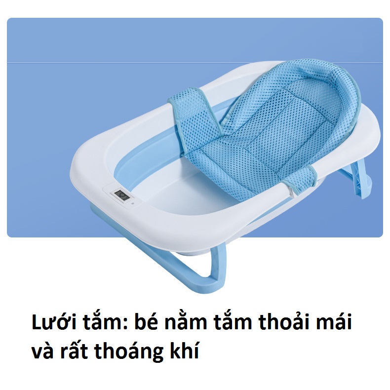 Chậu tắm cho bé, Chậu tắm gấp gọn cho bé sơ sinh nhiệt kế điện tử kèm phao tắm, lưới tắm