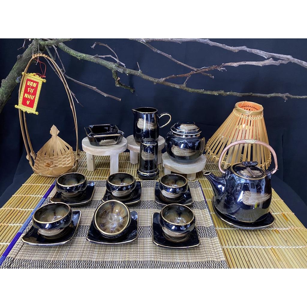 Bộ ấm chén đánh chỉ vàng men hỏa biến - Gốm Bát Tràng - Làng Gốm