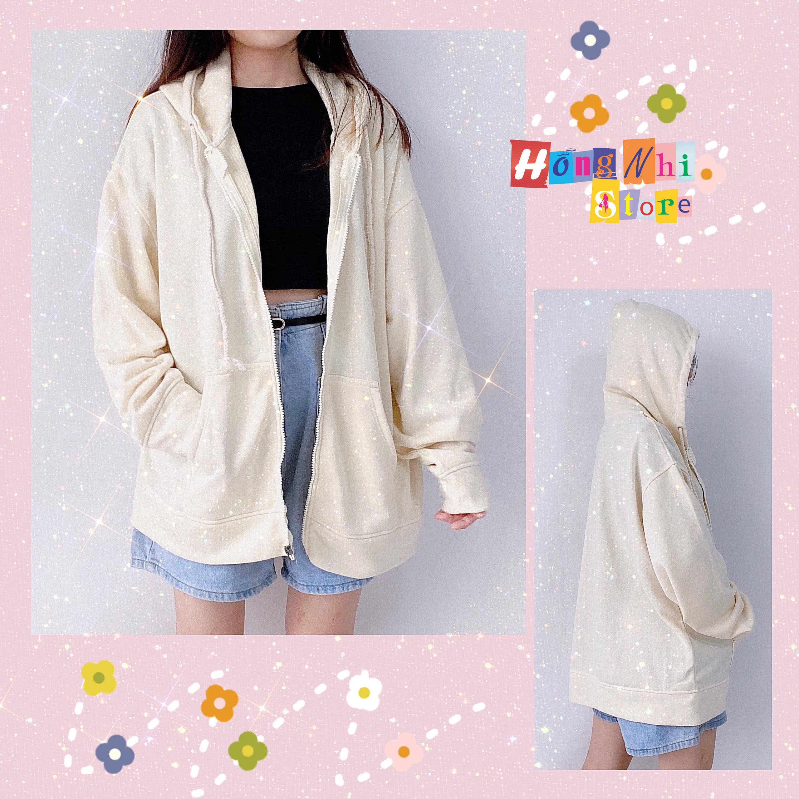 Áo Khoác Hoodie Zip Trơn Oversize Ulzzang Unisex Hoodie Dây Kéo Màu Kem Dáng Rộng - MM