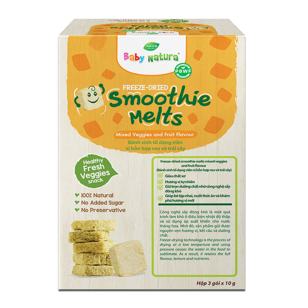 [CHÍNH HÃNG] - BABY NATURA FREEZE-DRIED SMOOTHIE MELTS VEGGIES AND FRUIT FLAVOUR - Bánh ăn dặm sinh tố dạng viên vị rau và trái cây cho bé từ 8 tháng tuổi trở lên