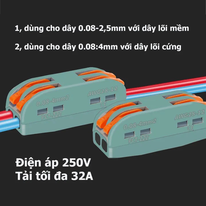 Combo 5 cái Cút nối dây điện nhanh loại tải 32A 7kw PCT 222 jack nối dây điện đầu nối cốt nối dây điện nhanh 2097