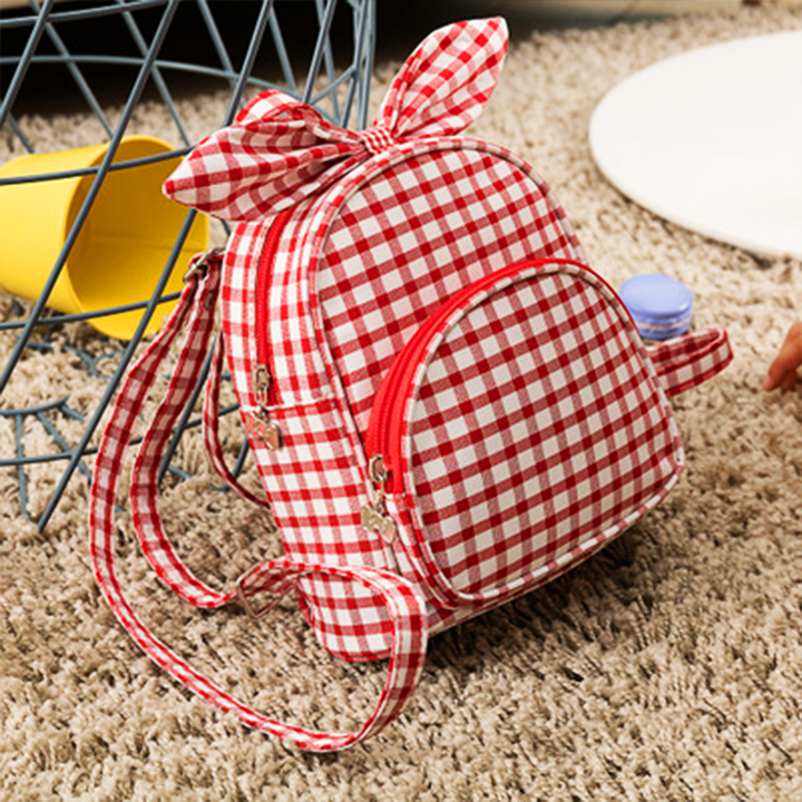 Balo mẫu giáo họa tiết caro kèm nơ tai thỏ đáng yêu cho bé 3-5 tuổi – B014