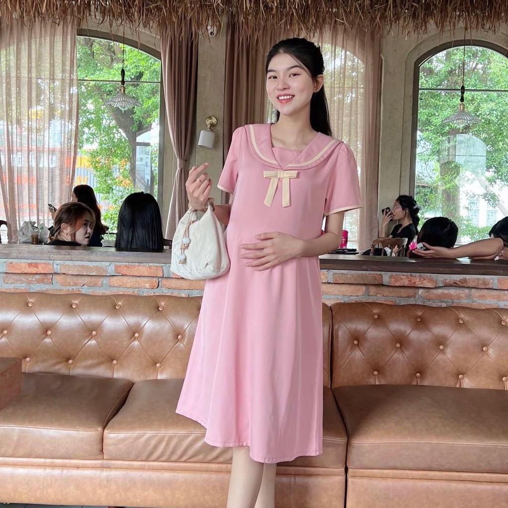 Đầm bầu cotton lạnh cổ sen đính nơ viền cách điệu dễ thương, thanh lịch mặc đi làm, đi chơi Váy Bầu - Xanh bơ