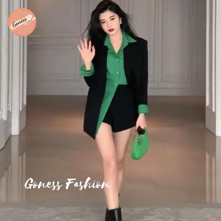 Áo sơ mi nữ Goness dài tay form rộng kiểu sơmi màu xanh trơn đẹp thời trang công sở đi học
