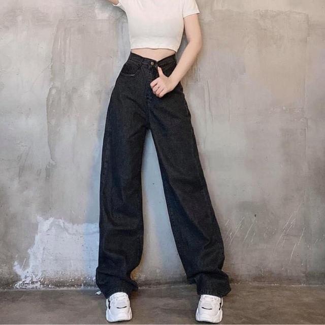 Quần Bò Suông Đen Dài BigSize - Lưng Cao Qua Rốn / Quần Dài Rộng Jeans Phom To Không Giãn