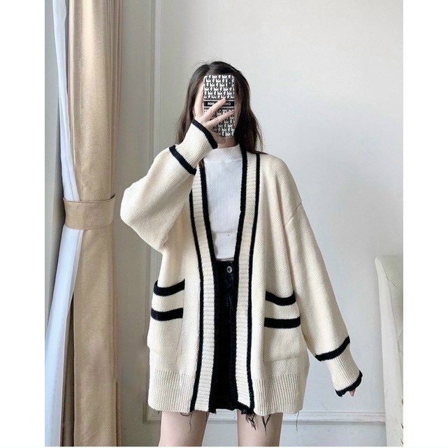 Hình ảnh Áo khoác cardigan len viền sọc có túi thơi trang