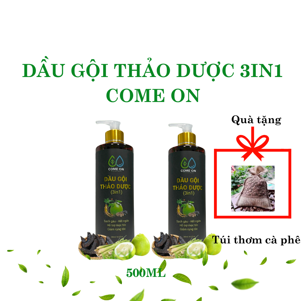 Dầu gội thảo dược 3in1 Come On chai 500ml, tặng túi thơm cà phê dầu gội thảo dược dưỡng tóc khỏe sạch gàu ngăn rụng tóc