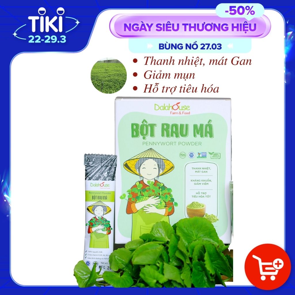 Bột Rau Má hữu cơ nguyên chất sấy lạnh Dalahouse - Hộp 20 gói nhỏ 3gr định lượng sẵn cho 1 lần sử dụng - Giải độc, mát gan, thanh nhiệt cơ thể, giảm mụn, đẹp da. Kháng khuẩn, giảm viêm, hỗ trợ tiêu hóa