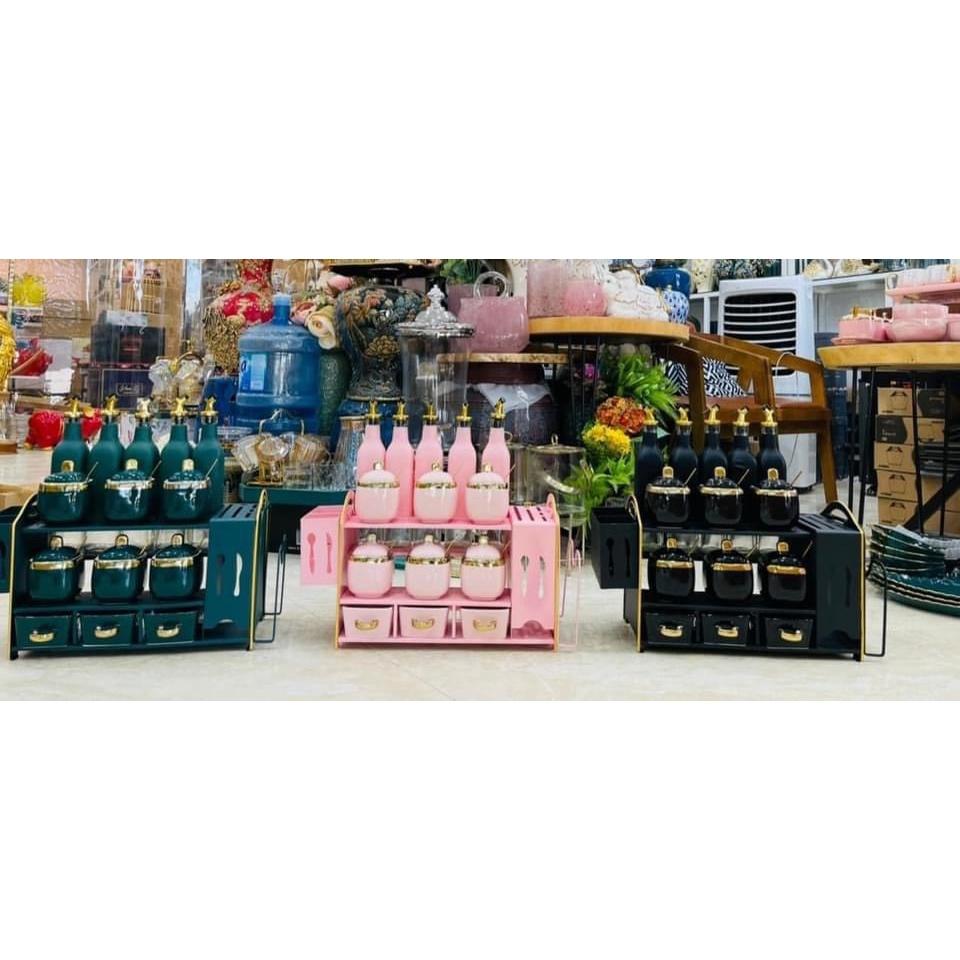 Bộ đựng gia vị sứ 3 tầng 16 món siêu sang chảnh tiện lợi màu xanh cổ vịt