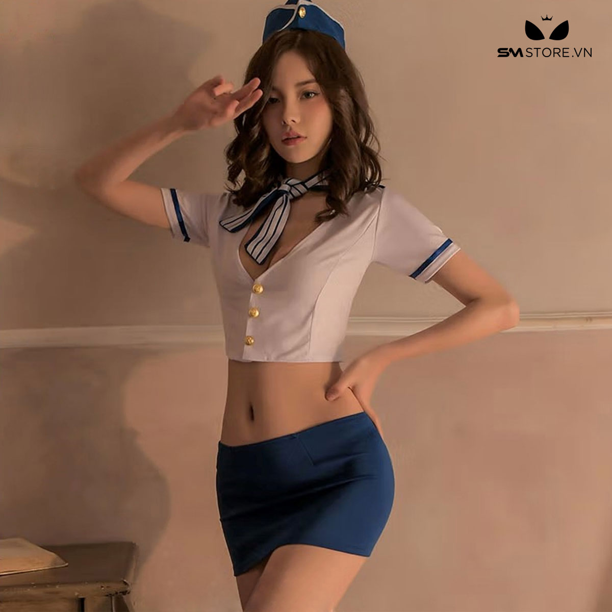 Đồ cosplay tiếp viên hàng không áo croptop và chân váy ngắn - SMS039