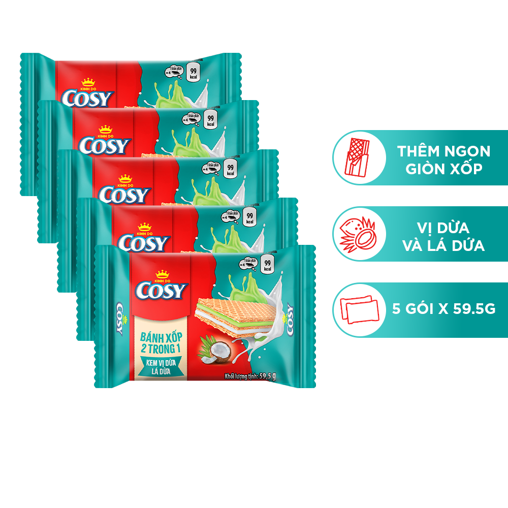 Combo 5 Bánh Xốp Cosy 2 trong 1 – Kem Vị Dừa Lá Dứa, gói 59.5g