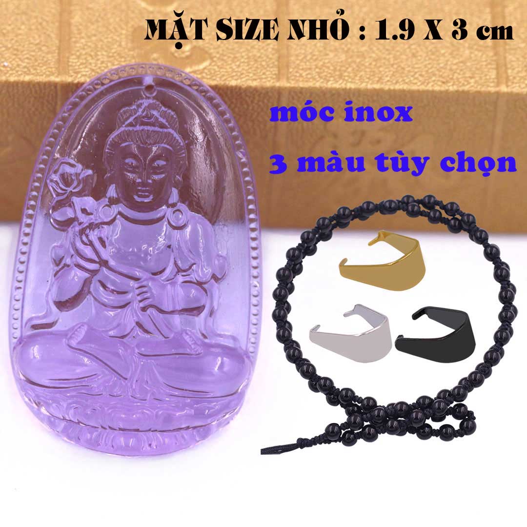 Mặt Phật Đại thế chí pha lê tím 1.9cm x 3cm (size nhỏ) kèm vòng cổ hạt chuỗi đá đen + móc inox vàng, Phật bản mệnh, mặt dây chuyền