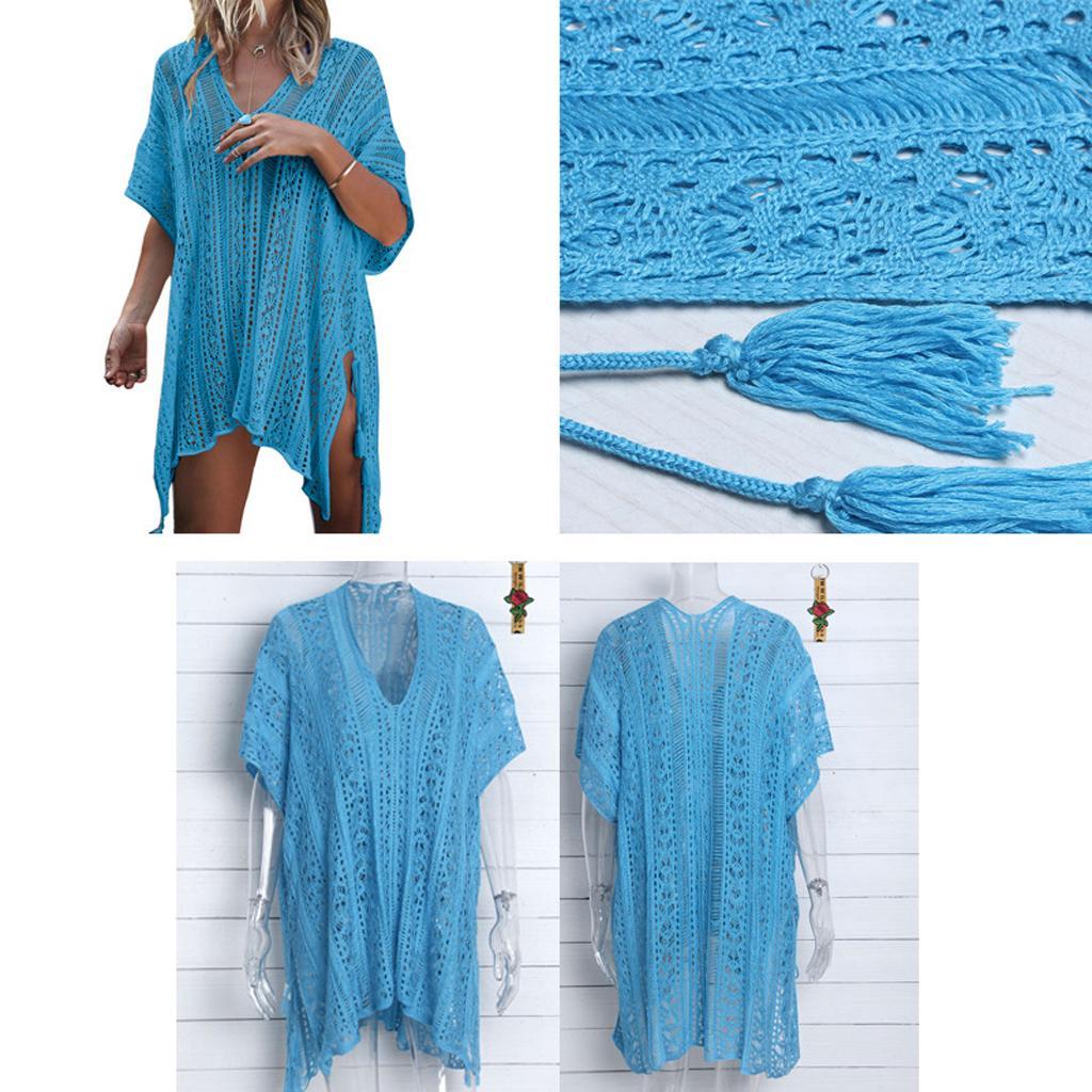Womens V-Neck Swimwear Hollow Out Swimsuit Cover Up Knitted Beach Dresses