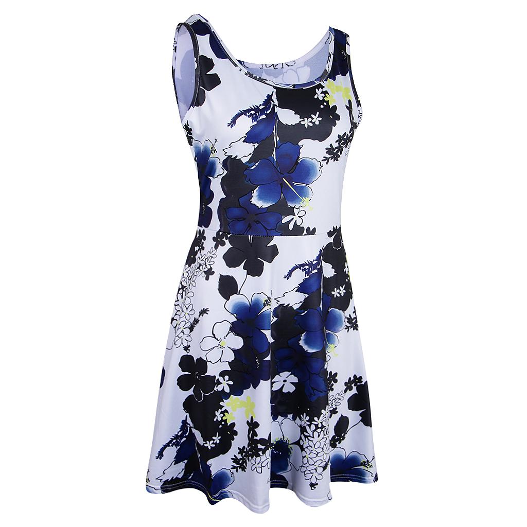 Women Floral Dress Summer Sleeveless Round Neck Casual Flared Midi Dress