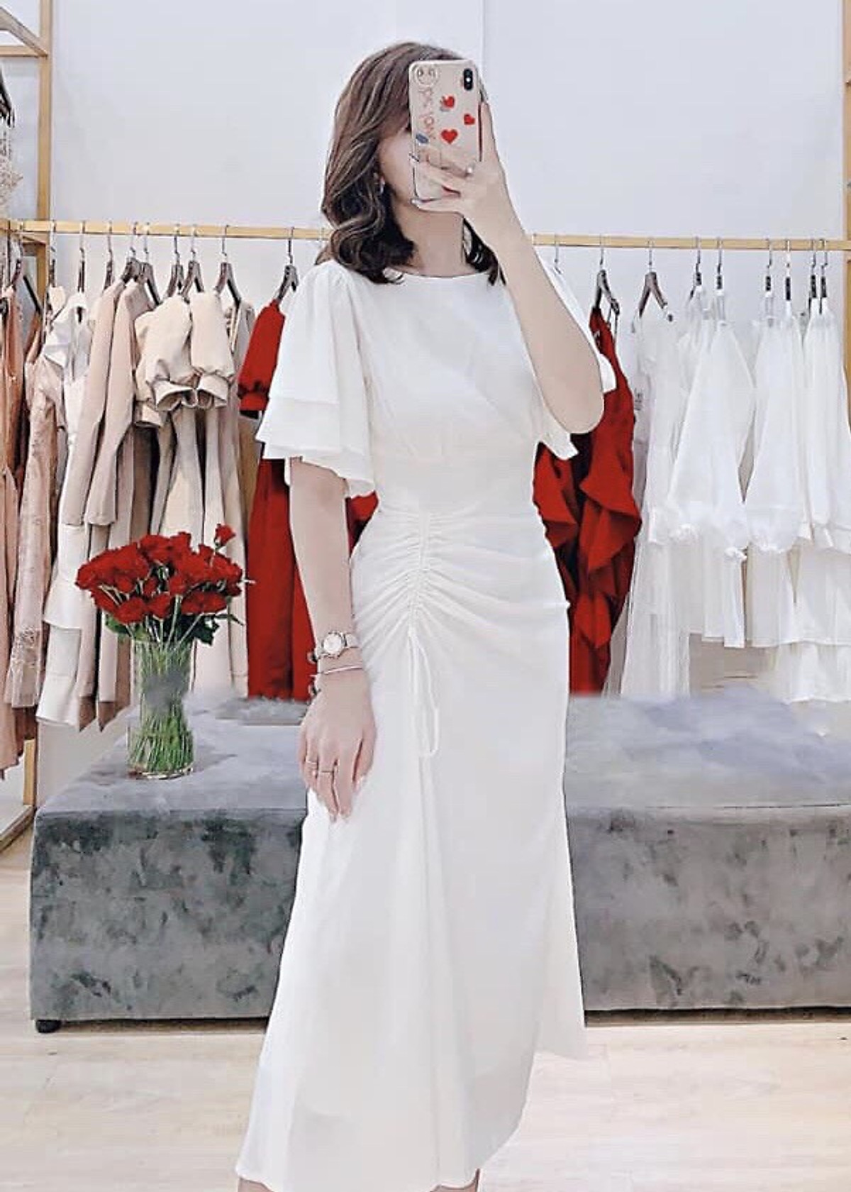Đầm trắng form dài tùng rút dây