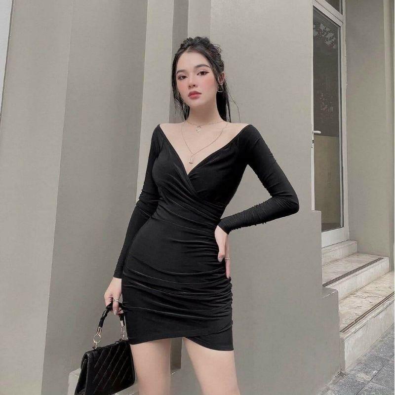 Đầm body đắp chéo nhún tay dài