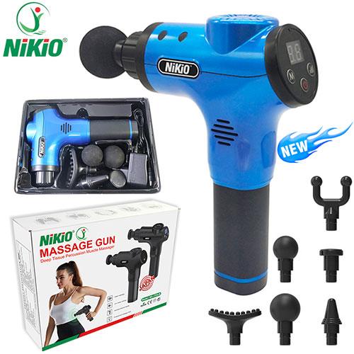 Súng (Máy) Massage Cầm Tay Nikio NK-170B - 6 Đầu Matxa, 5 Chế Độ, 6 Tốc Độ Mát Xa, Pin Sạc Không Dây 2000 mAh - Hỗ Trợ Giãn Cơ Toàn Thân, Giảm Đau Nhức Cơ Bắp Sau Vận Động - Màu Xanh dương