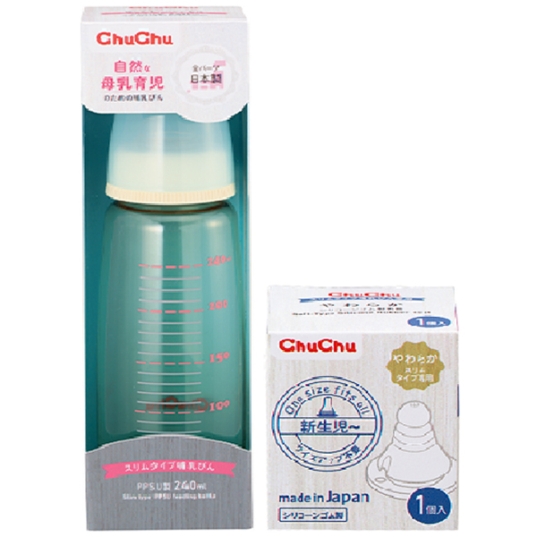 Combo bình sữa cổ thường ppsu 240ml và 1 núm ty silicon siêu mềm Chuchu Baby (box type, chống đầy hơi)