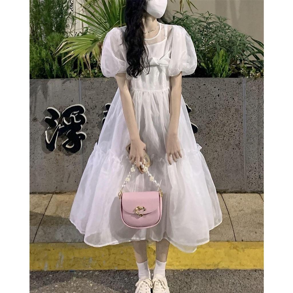 Váy Trắng 2 Lớp Nơ Ngực To Màu Trắng Ulzzang Hàn Quốc
