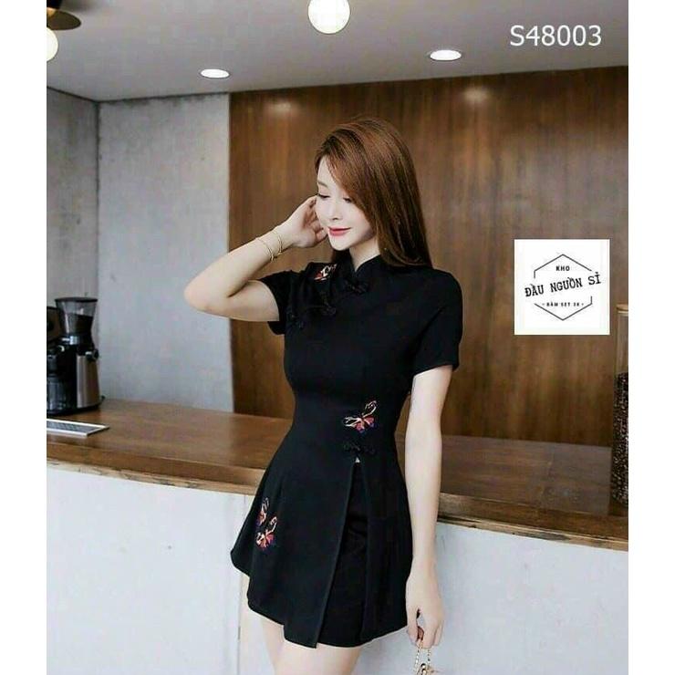Set bộ nữ áo cổ tàu nút bọc thêu họa tiết kèm quần short duyên dáng sang chảnh Thời trang XM Minh Phúc