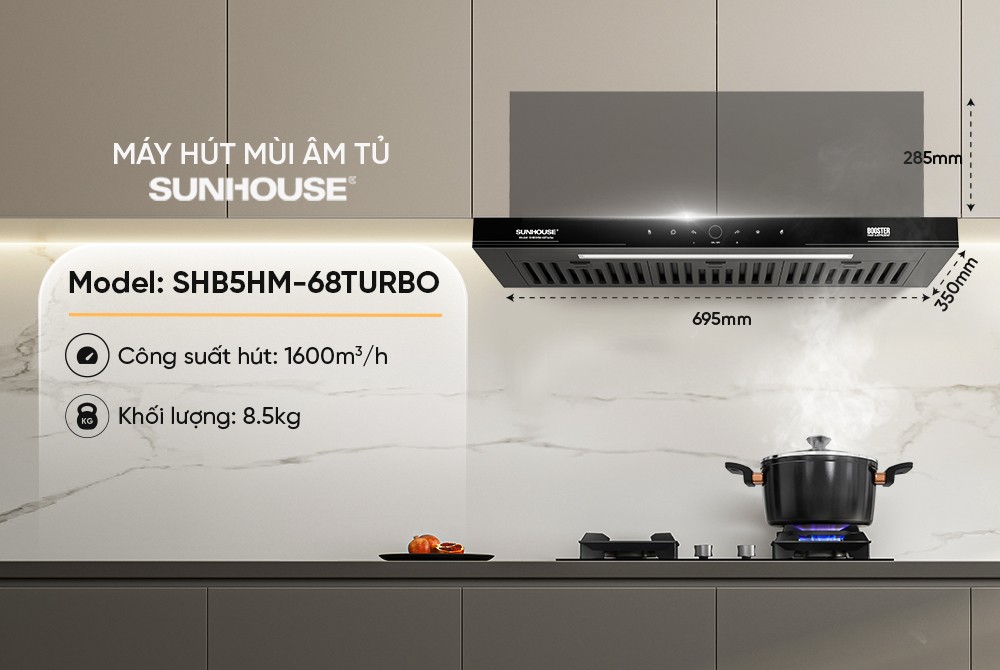 Máy hút mùi âm tủ Sunhouse SHB5HM-68TURBO, Công suất 220W, Chế độ Booster hút cực mạnh 1600m3/h, Công nghệ Ultra-Quiet độ ồn thấp, Điều khiển cảm biến thông minh vẫy tay, Bảo hành 36 tháng tại nhà - Hàng chính hãng